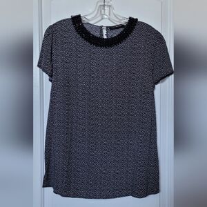 Hallhuber Black and White Patterned Top With Beaded Black Beaded Collar